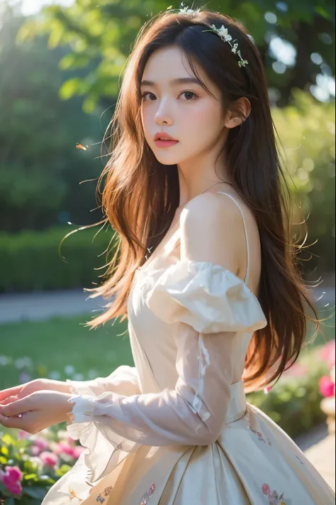 Rosé from blackpink, girl,hair blowing in the wind,flowing dress,beautiful detailed eyes, dreamy expression,soft sunlight,artistic portrait,photorealistic,bokeh,vivid colors,creative lighting,romantic atmosphere,floral elements,ethereal beauty,waist-length...