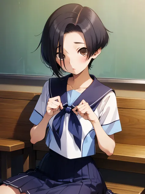 NSFW,Aarinko、short hair、Black Hair、Bobcut、Serafuku、Sailor collar、Blue neckerchief、White Shirt、Short sleeve、Pleated skirt、Blue Skirt,(Perfect hands),(Perfect Anatomy),(masterpiece),(highest quality),