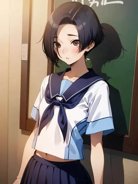 NSFW,Aarinko、short hair、Black Hair、Bobcut、Serafuku、Sailor collar、Blue neckerchief、White Shirt、Short sleeve、Pleated skirt、Blue Skirt,(Perfect hands),(Perfect Anatomy),(masterpiece),(highest quality),