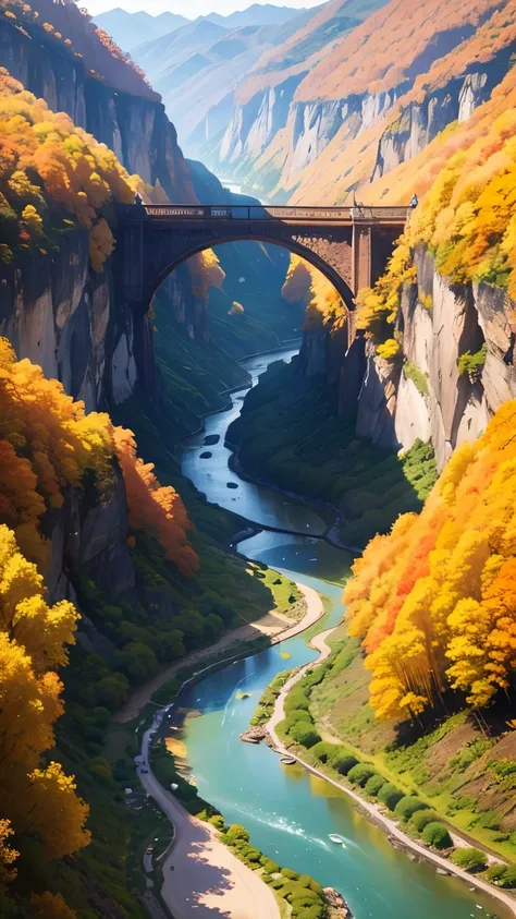 highest quality。Masterpiece。Detailed details。A river flowing through a V-shaped valley。A person is walking along a path that runs along a valley。Beautiful autumn leaves。Blue sky。