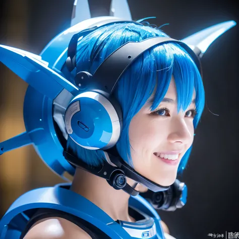 mechanical, Mecha, one person, one personで, short hair, profile, Upper Body, Science fiction, smile, Blue Hair, (headgear:1), technical background,R-18