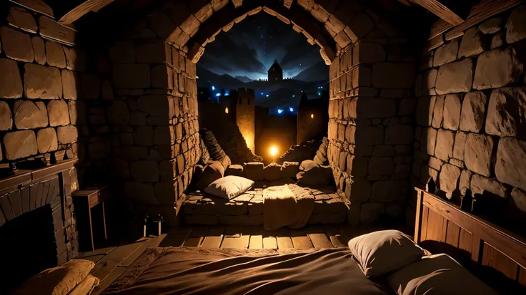 （（（Dark））），（（Medieval fortress interior at night）），Night bedroom，It was pitch black outside the window，Stone Wall，Medieval military fortress，Surrounded by walls，，