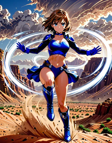 1girl, superhero, blue choker, blue eyes, blue footwear, blue gloves, boots, (leotard, midriff, long sleeves), medium breasts, b...