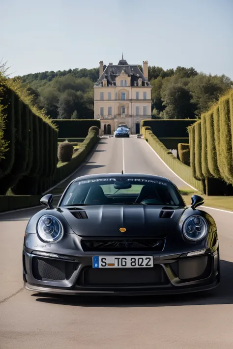porsh gt3 rs noire devant un palace soleil brille sur la voiture belle lumierephoto réaliste 8k