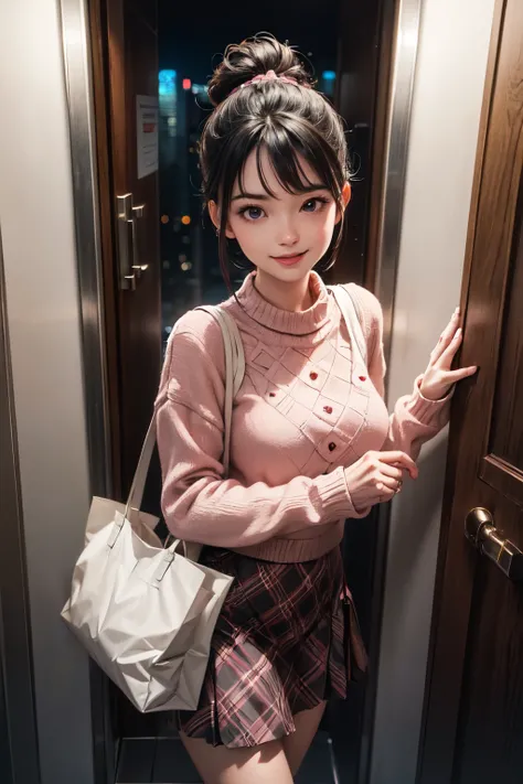 very cute and beautiful girl,(highly detailed beautiful face and eyes),
(smile:1.2),happy,embarrassed,looking up,looking at viewer,(argyle pattern sweater),cowboy shot,(white and pink plaid skirt),
standing in luxury elevator in hotel,night city view,holdi...