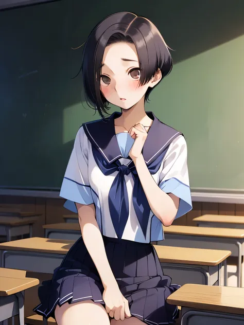 NSFW,Aarinko、short hair、Black Hair、Bobcut、Serafuku、Sailor collar、Blue neckerchief、White Shirt、Short sleeve、Pleated skirt、Blue Skirt,Embarrassed,blush,(Perfect hands),(Perfect Anatomy),(masterpiece),(highest quality),Looking up,Lonely look,School,classroom