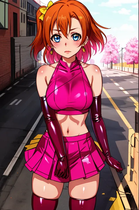 masterpiece, best quality,8k wallpaper, blue eyes,cowboy shot,kousaka honoka, (pink tight crop top), halter neck,breasts , elbow gloves, (pink latex skirt), in street , solo, (standing:0.8), earrings, posing , crotch