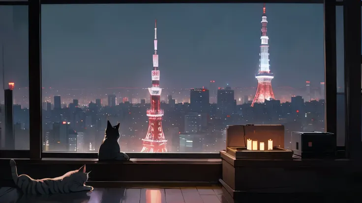 Tokyo at Night。A gray cat is outside looking at Tokyo Tower。