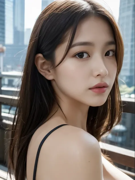 The scene depicted in ultra-high definition 8K photos、She is a Japanese gravure model.。whole body、She has shoulder-length wavy hair and striking hazel eyes.、She is in the river。Mostly male、She is facing forward and giving the camera a playful, seductive lo...