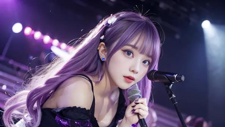 (highest quality, Seductive pose:1.2), 1 female singer, 20 years old, Otherworldly fantasy,shoulder strap,Sing alone, Light purple hair,Beautiful eyes in every detail),Upper Body,bangs,ear, Gorgeous deep purple outfit, Mysterious, Long Hair, blush, Viewer ...