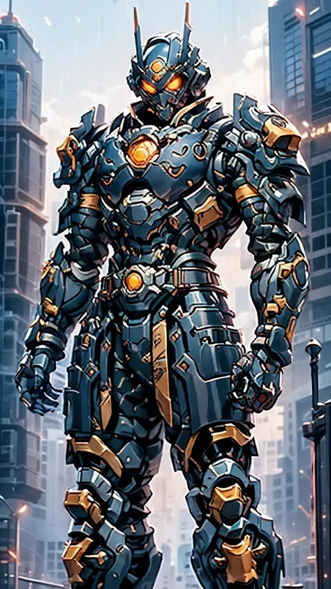 A man wearing a full-face helmet, a fantasy-style biotech armored combat suit, green eyes, (a composite layered chest armor), fully enclosed shoulder guards, matching arm and leg guards, the belt is adorned with dragon claw grasping orbs, (the color scheme...