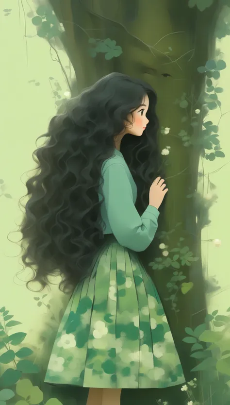 1 Girl, Solitary, long_hair, Black_hair, long_sleeve, skirt, Keep, permanent, closure_Eye, flower, signature, from_side, Tree, contour, animal, Wavy_hair, flower的_Print, Cat, plant, , nature, Internet_adskirt, forest, curly_hair, green_skirt, grapevine