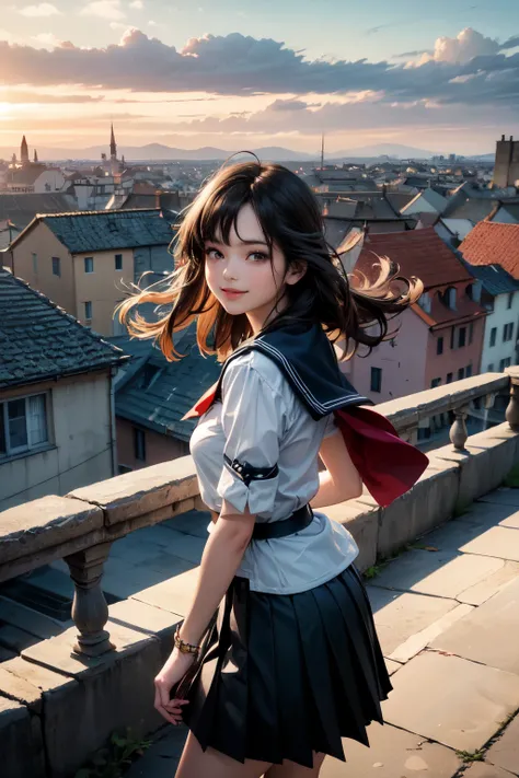 very cute and beautiful girl,teen,(highly detailed beautiful face and eyes),
(smile:1.2),black hair,(sailor ,pleated navy blue mini skirt),dynamic pose,looking at viewer,
many european houses with red roof,(town overview:1.2),
(best quality,masterpiece),ab...