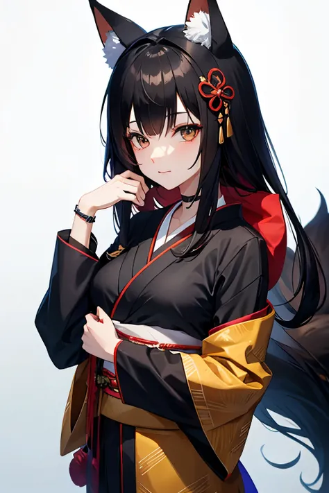 Black-haired girl wearing a fox mask, anime kimono, JK