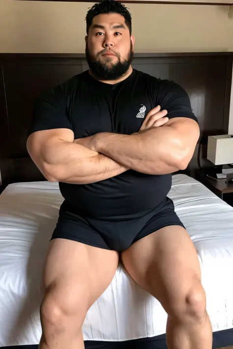 A large Japanese man wearing a tight black T-shirt、whole body、Rugby last week、Thick legs、Thick arm muscles、Intimidating、Bedroom、whole body、Black pants、Upper body naked、Very large body、muscle、Intimidating、sexy