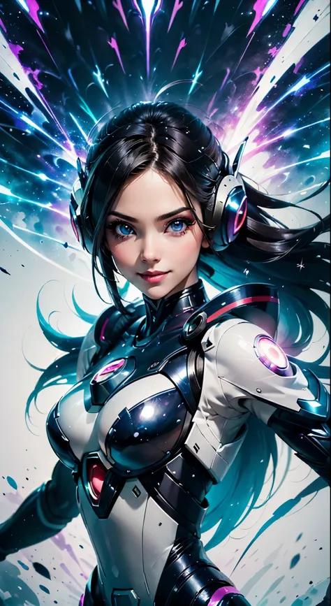 (best quality, ultra-detailed, photo-realistic:1.37), bright and vibrant colors, studio lighting, playful expression, stylish makeup, long dark hair flowing in the wind, alluring eyes, glossy lips, action pose, Reploid, Cyberspace, Megaman X, Zero, smiling...