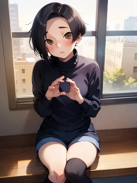 NSFW,Aarinko、short hair、Black Hair、Bobcut,Turtleneck sweater,Shorts,Knee-high socks,Embarrassed,blush,(Perfect hands),(Perfect Anatomy),(masterpiece),(highest quality),Looking up,Lonely look,Department Wah Street,Window Shopping,looking at the camera,Look ...