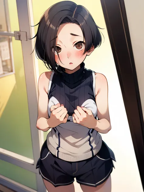 nsfw,aarinko、short hair、black hair、bobcut,turtleneck sweater,sleeveless,shorts,knee-high socks,embarrassed,blush,(perfect hands)...