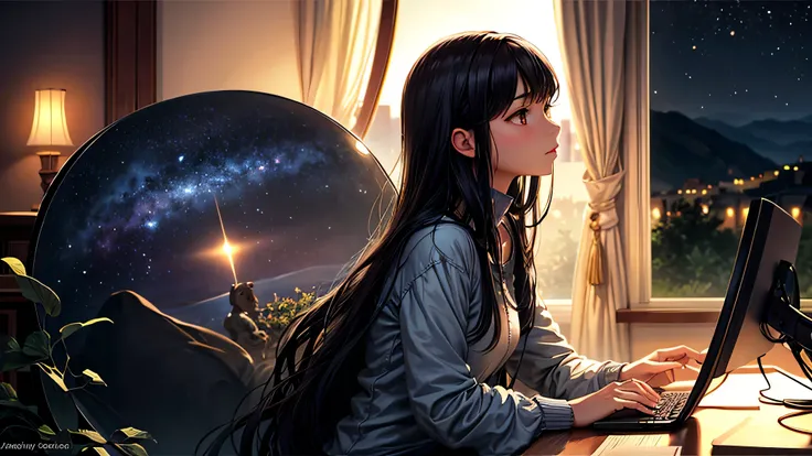 alone, Singular light, woman, midnight, face seen from the side, sideways, cosmic, fantsy, looking away:1.4, adult, busty, Ghibli-like design, living room, sitting, dark hair, studying, Completely, landscape orientation, side view,