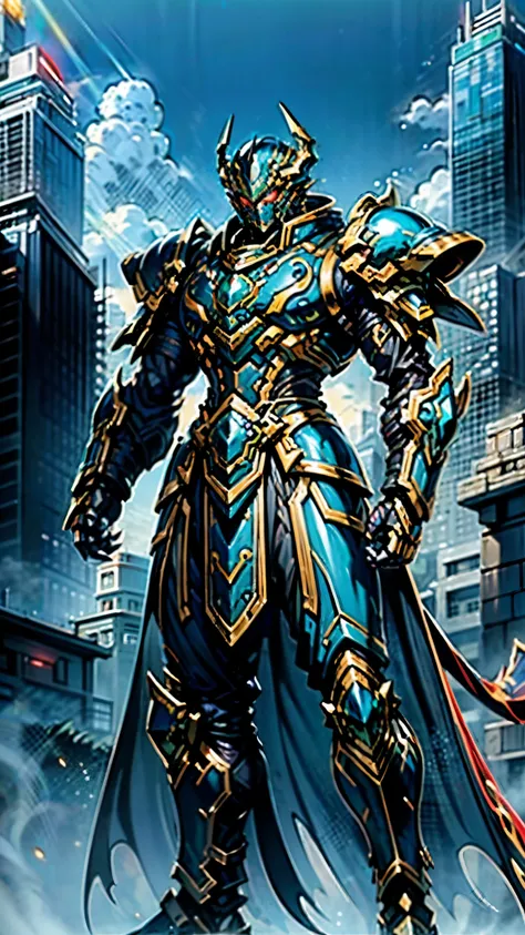 A man wearing a full-face helmet, a fantasy-style biotech armored combat suit, green eyes, (a composite layered chest armor), fully enclosed shoulder guards, matching arm and leg guards, the belt is adorned with dragon claw grasping orbs, (the color scheme...