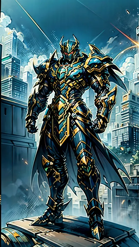 A man wearing a full-face helmet, a fantasy-style biotech armored combat suit, green eyes, (a composite layered chest armor), fully enclosed shoulder guards, matching arm and leg guards, the belt is adorned with dragon claw grasping orbs, (the color scheme...