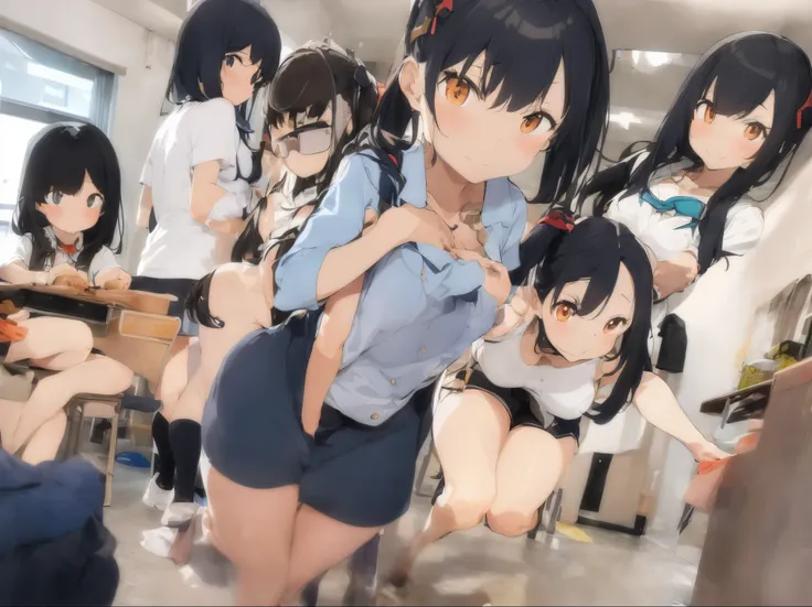 Undressing in a school classroom、Black Hair Girl、Girl undressed、A white short-sleeved shirt with all the buttons undone、Cute Bra、Cute Underwear、barefoot、Undressing in the classroom with lots of friends、Cool colours