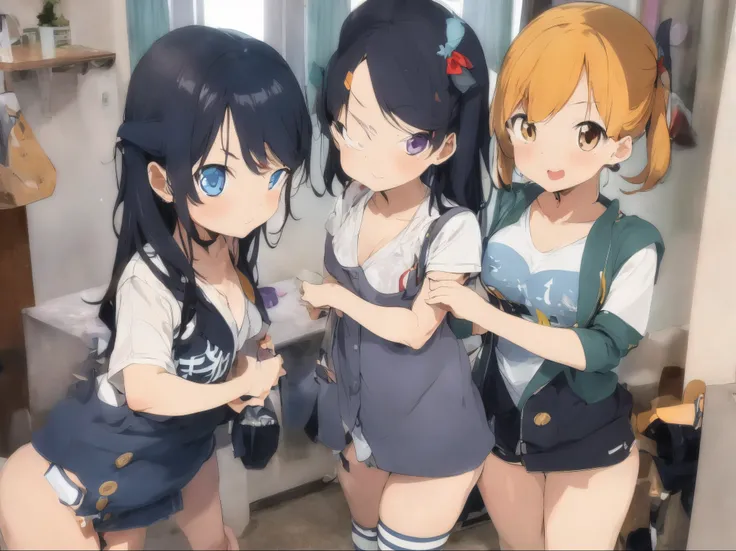 Undressing in a school classroom、Black Hair Girl、Girl undressed、A white short-sleeved shirt with all the buttons undone、Cute Bra、Cute Underwear、barefoot、Undressing in the classroom with lots of friends、Cool colours