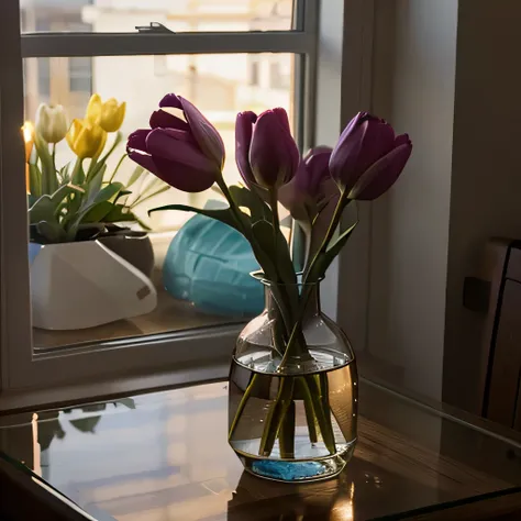 Glass flower vase, tulip flower on table, beside window, gentle breeze and twilight shine 