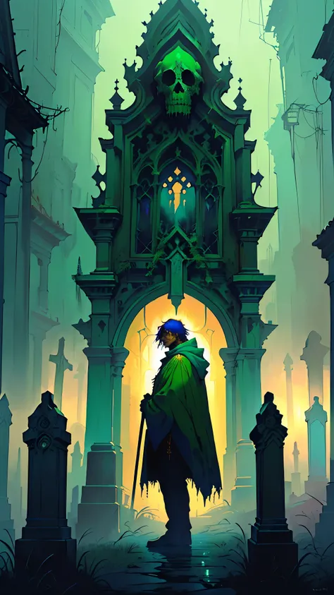 painting of a man in a green cloak standing in a cemetery, beksinski and dan mumford, inspired by Jakub Schikaneder, in a graveyard, guillem h. pongiluppi, dan mumford tom bagshaw, artstyle zdzisaw beksinski, beksinski style painting, high detailed beksins...