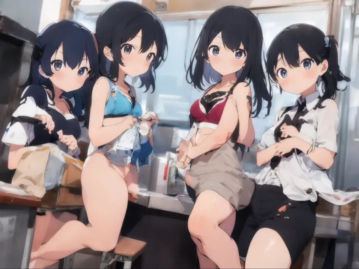 Undressing in a school classroom、Black Hair Girl、Girl undressed、A white short-sleeved shirt with all the buttons undone、Cute Bra、Cute Underwear、barefoot、Undressing in the classroom with lots of friends、Cool colored bra、Warm underwear