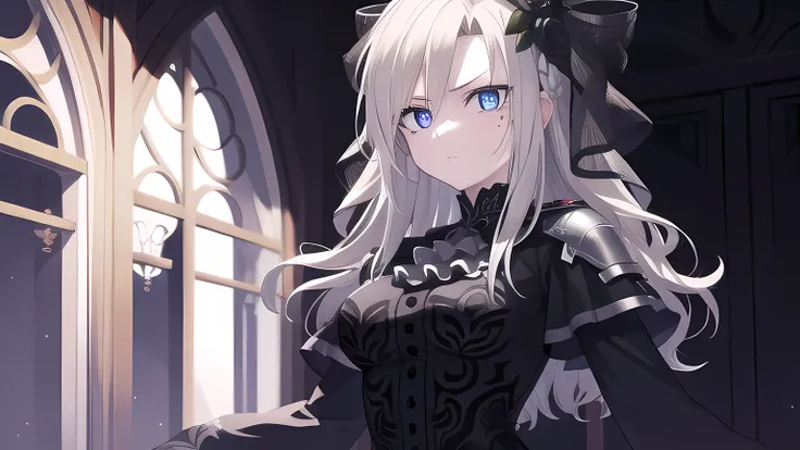 kriemhild, kriemhild, blue eyes, long hair, mole, mole under eye, pale skin, white hair, wavy hair,
break ascot, black capelet, ...