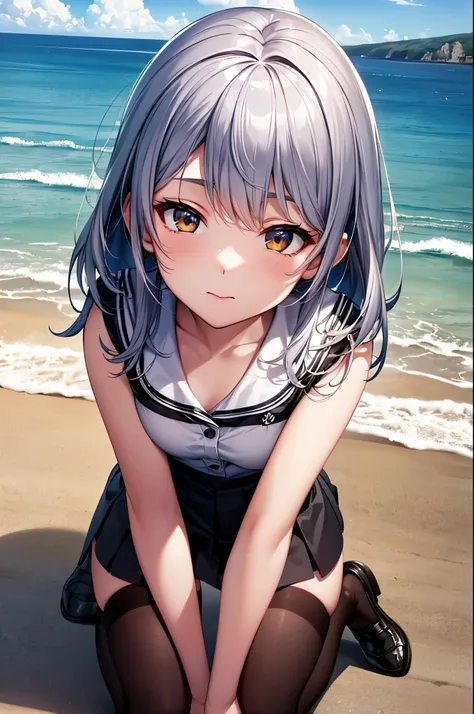 ((masterpiece)), ((highest quality)), ((High resolution)), ((Highly detailed CG Unity 8k wallpaper)), alone, tachibana kanade, Brown uniform, Black Skirt, White socks, Outdoor, face, Beach, Hanging hair, Parted hair, Silver Hair