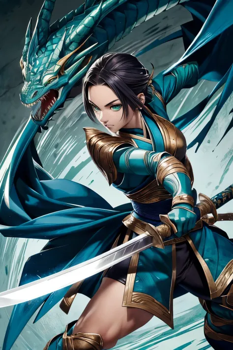 ((melhor qualidade)), ((obra de arte)), (detalhado), rosto perfeito

kunoichi, green eyes, blue kimono dragon texture,  armor on legs and arms, holding short sword, fighting pose, 