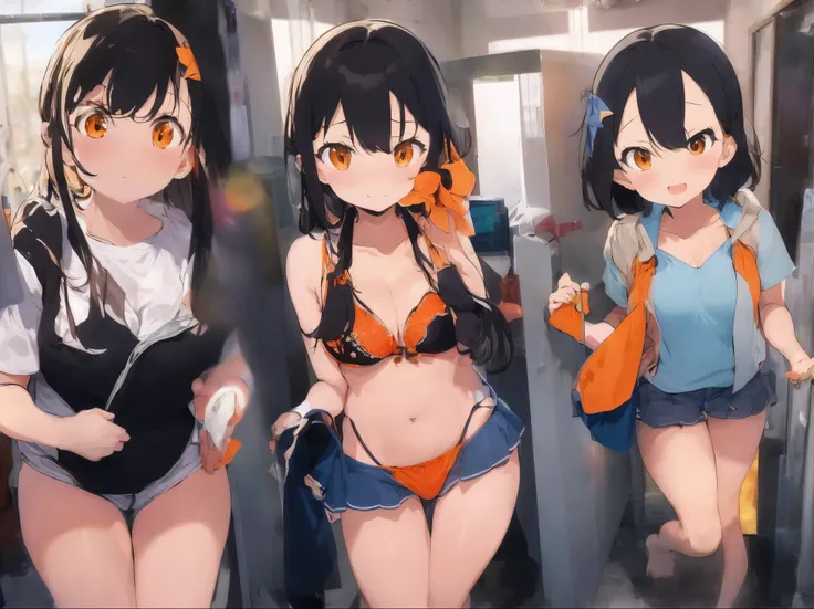 Changing into an orange micro bikini in a school classroom、Black Hair Girl、A girl changing into an orange micro bikini、A white short-sleeved shirt with all the buttons undone、Cute warm colored bra、Cute warm-colored underwear、barefoot