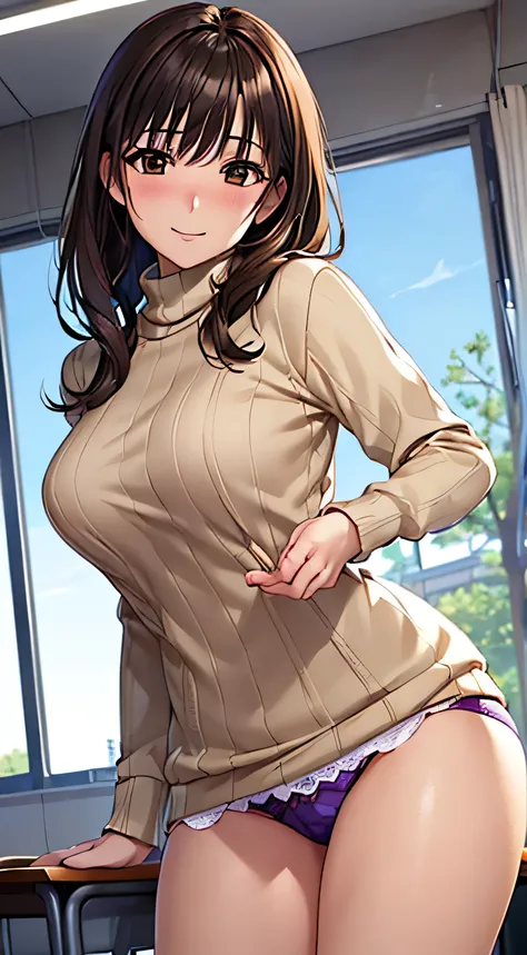 ((Tabletop, highest quality, High resolution, , Perfect Pixel, 4K,))), 1 female teacher, single, alone, beauty、The whole body is visible、 ((Mid-wave hair, bangs, Brown Hair)), ((Brown eyes, Beautiful eyelashes, Realistic eyes)), ((Detailed face, Blushing:1...