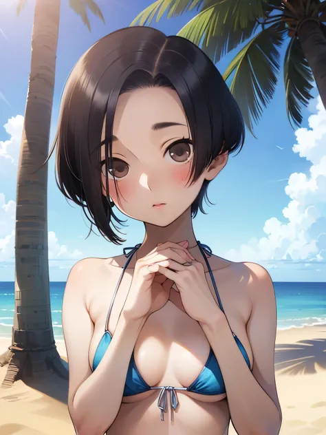 NSFW,Aarinko、short hair、Black Hair、Bobcut、(Halterneck bikini:1.5),Embarrassed,blush,(Perfect hands),(Perfect Anatomy),(masterpiece),(highest quality),Looking up,Lonely look,beach,Palm tree,Rock Shade,looking at the camera,Look Up