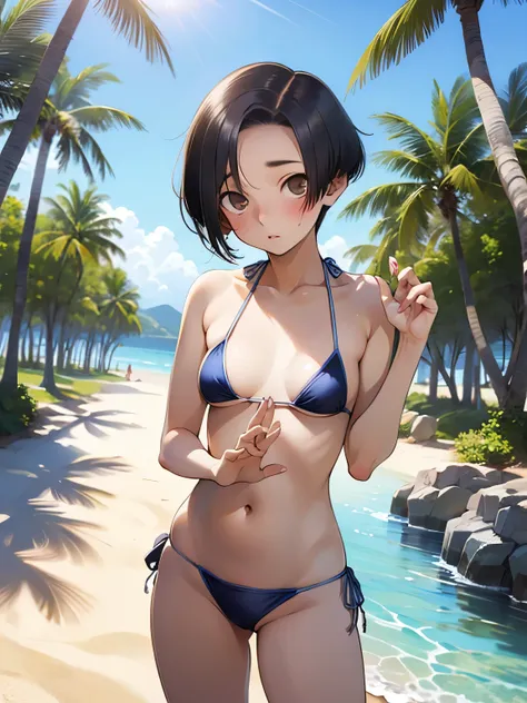 nsfw,aarinko、short hair、black hair、bobcut、(halterneck bikini:1.5),embarrassed,blush,(perfect hands),(perfect anatomy),(masterpie...