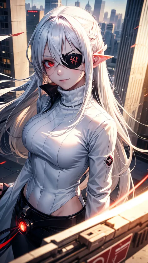 1girl, (solo), anime girl with long white hair and red eyes, girl with white hair, girl in white turtleneck, ((eyepatch)), pointed ears, ((vampire)), smirk, smug, closed mouth, cowboy shot, perfect white haired girl, white haired deity, digital cyberpunk a...