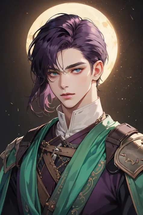 (Best quality),adult,1 manly, male, mature, very tall, elegant, (((very short dark purple hair))), green mint eyes, perfect eyes, dark purple hair, medieval fantasy style,  richly textured background, soft lighting, portrait style, painting style, deep col...