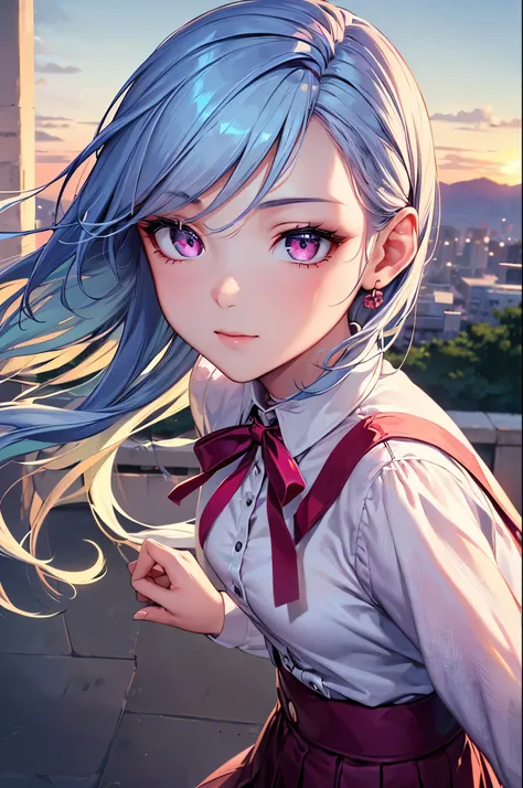 (detailed beautiful eyes and detailed face, masterpiece side light, masterpiece, highest quality, detailed, High resolution illustrations), (1 girl, beautiful girl, Shiny skin, Look down, View your viewers), ( Long sky blue hair, Pink Eyes, skirt, ribbon, ...