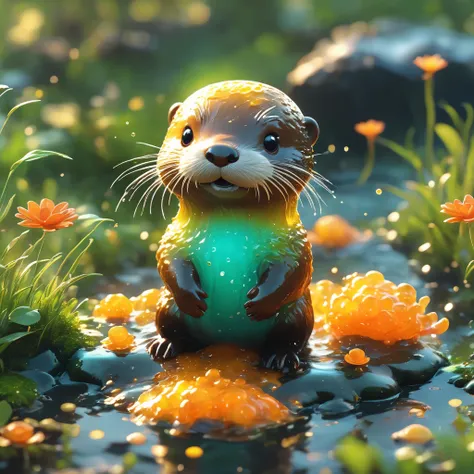 best quality, very good, 16K, ridiculous, Extremely detailed, Cute slime otter,Made of translucent boiling lava, Background grassland((A masterpiece full of fantasy elements))), ((best quality)), ((Intricate details))(8k)