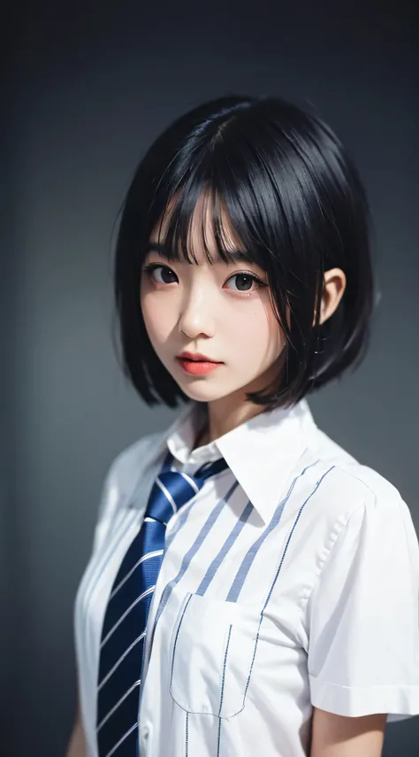 (masterpiece, highest quality:1.4), beautiful girl, Pretty face, (White dress shirt:1.2), Short sleeve, 8k, 50mm Portrait, Official Art, RAW Photos, Absurd, nature, Frank, cute, Upper Body, street, Bob Cut Hair, (Navy Pleated Skirt:1.3), thin, Thin waist, ...