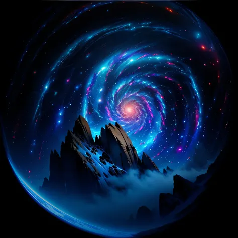 The giants head is in the middle of the picture，The man has a straight face，eye closeds，Wrapped in stars，In front of a spiral vortex with a galaxy as the background，Magic nebula in the sky，cloud vortex，Splash ink style，A brilliant magical time portal，32K h...