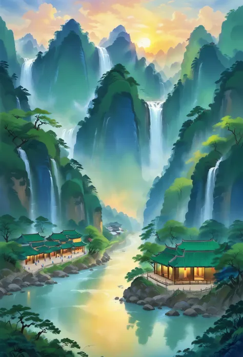 guofeng,illustration,Zen painting illustration, A picturesque countryside landscape, vibrant green grass, tranquil rural countryside, traditional rural life, pristine natural beauty, sunlit hills and valleys, diverse flora and fauna, fertile farmland views...