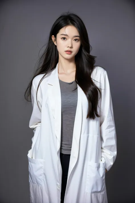 a woman in a white lab coat posing for a photo