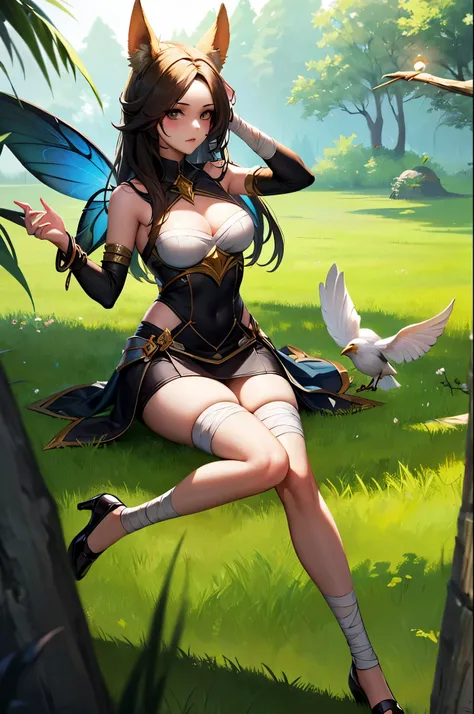 Grass, null, Field, League of Legends, One girl, Fairy, Druid, Animal ears, bandage legs, Long legs, bandage, bandage, Bird&#39;s feet, Bird Skull, Cape, shut up, Headdress ears, Eyes visible through hair, face painting, feather, Food, Fooded Cape, Long Ha...