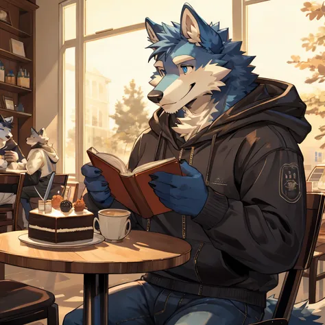 masterpiece,High quality,furry,male people,wolf,blue fur,right blue eye,catch light,hoodie,cafe,cake and drinks on the table,Smile,(reading a book),perfect background