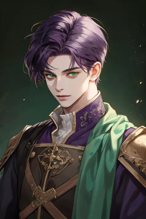 (Best quality),adult,1 manly, male, mature, very tall, elegant, (((very short dark purple hair))), green mint eyes, perfect eyes, dark purple hair, medieval fantasy style,  richly textured background, soft lighting, portrait style, painting style, deep col...