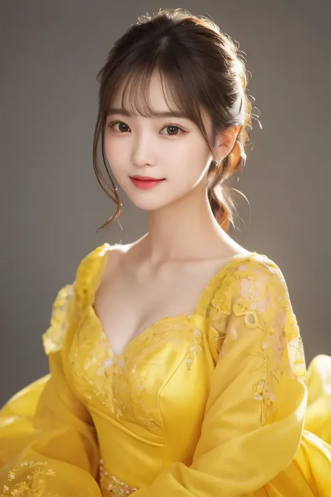 Korean Girl, 18 Years Old, Stunning Face, Dressed in a Vibrant Yellow Gown, Exuding Elegance in a Half-Body Shot, Captured in High-Definition Photography. The Gray Background Blurs, Emphasizing the High Resolution and Intricate Details of the Image. The Gi...