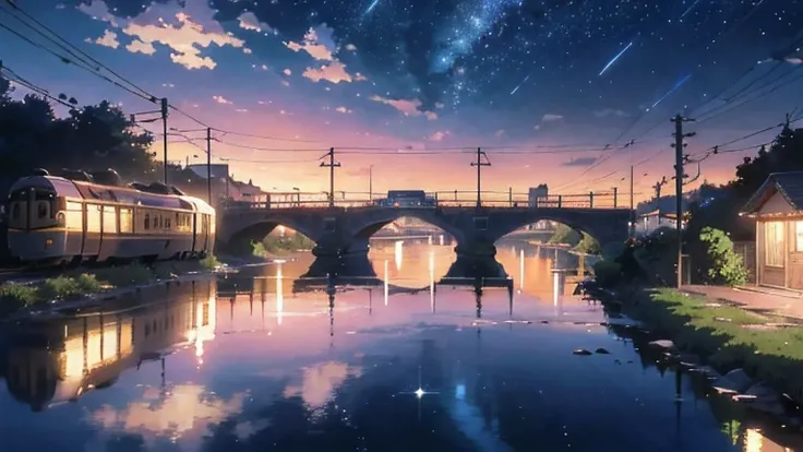 High quality masterpiece, landscape, Animated train passing through water on the tracks,Cat Watches, Bright starry sky. break Romantic train, Pixiv, Concept Art, Lofi Art style, reflection. by makoto shinkai, Lofi Art, Beautiful anime scene, break Anime la...